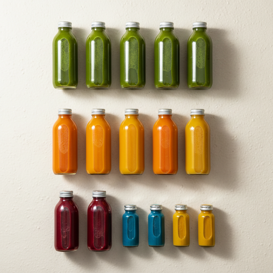 First Class Cleanse detox package - juice bottles arranged in grid on cream background