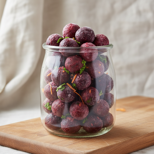 Cargo Berry frozen smoothie bombs in a glass jar on cream background