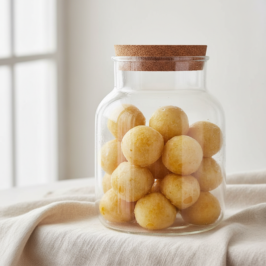 Engine Boost ginger lemon frozen pulp bombs in a glass jar on cream background