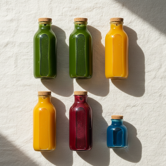 1-Day Reset detox package - 2 green, 2 orange, 1 purple, 1 blue shot bottles on cream background
